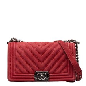 Chanel Boy Coco Mark Chain Bag Red Silver Suede